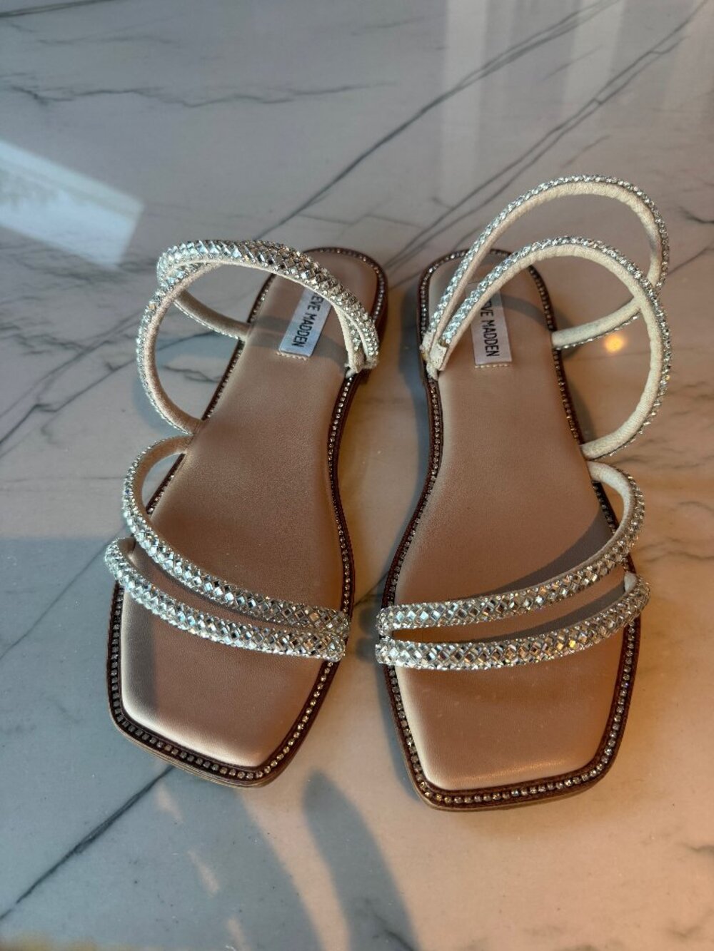 Steve Madden Silver Rhinestone Strappy Flat Sandals (9)
